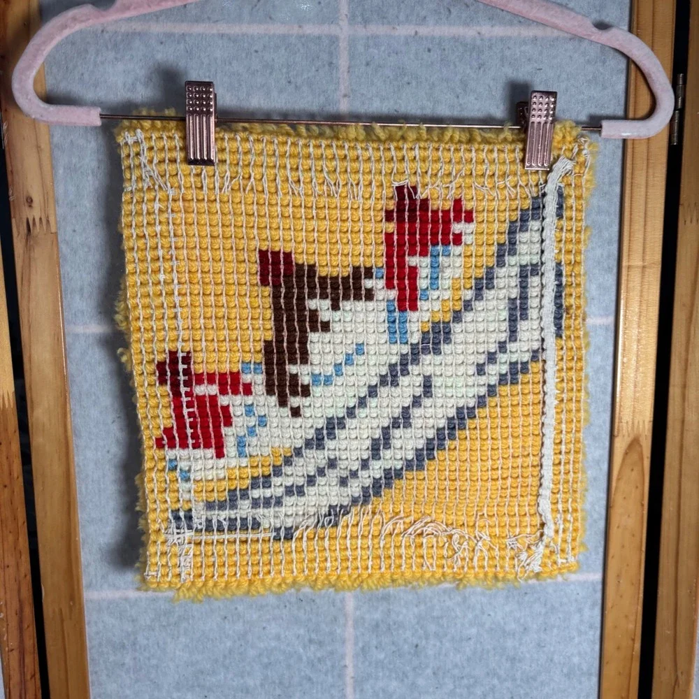 Handmade‎ Yellow Rug Hooking Art Square 12x12 Banana Split Ice Cream Sundae